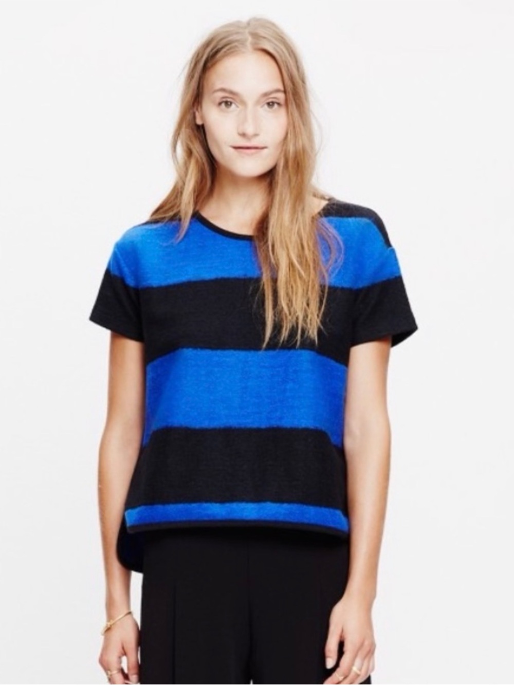 Madewell brushed rugby striped top in black and cobalt blue Wool Blend Sz Small